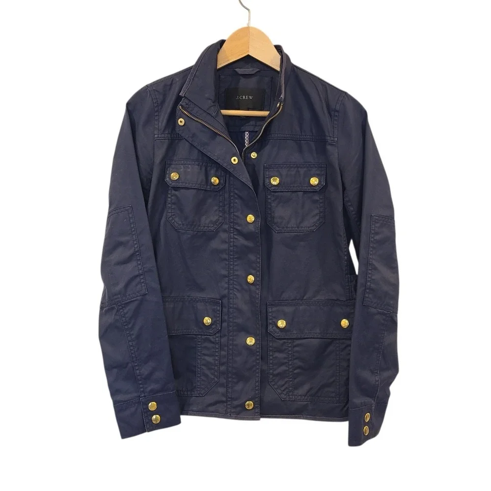 J.Crew Womens Utility Field Wax Jacket Navy Blue Gold Button XS Lightweight - Picture 2 of 9